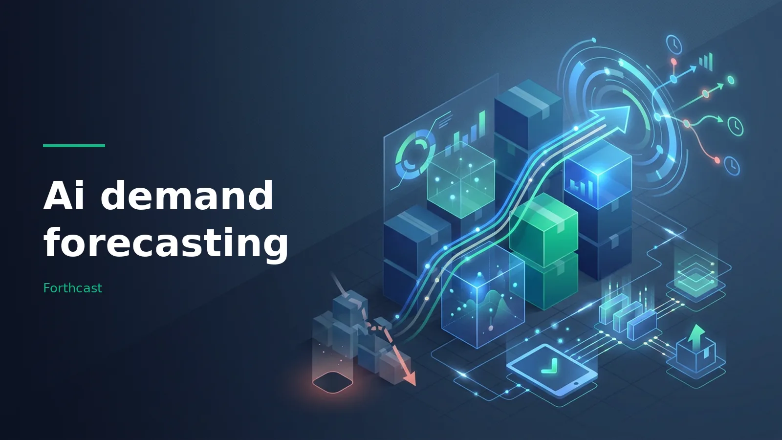 Isometric dark blue digital space with glowing cargo boxes, charts, and Ai demand forecasting. Overlaid text reads “Ai demand forecasting” with the Forthcast wordmark.