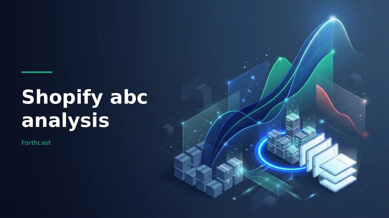 Glowing blue charts rising above stacked boxes and screens for Shopify abc analysis. Overlaid text reads “Shopify abc analysis”.