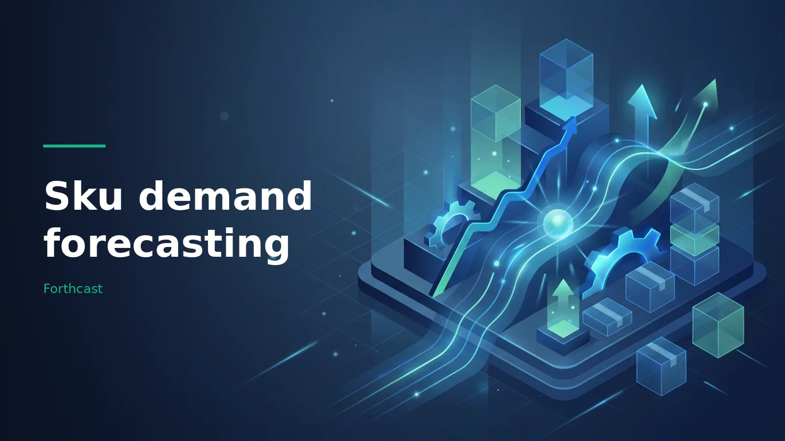 Dark blue isometric platform with glowing arrows, gears, and translucent boxes for Sku demand forecasting. Overlaid text reads “Sku demand forecasting”.