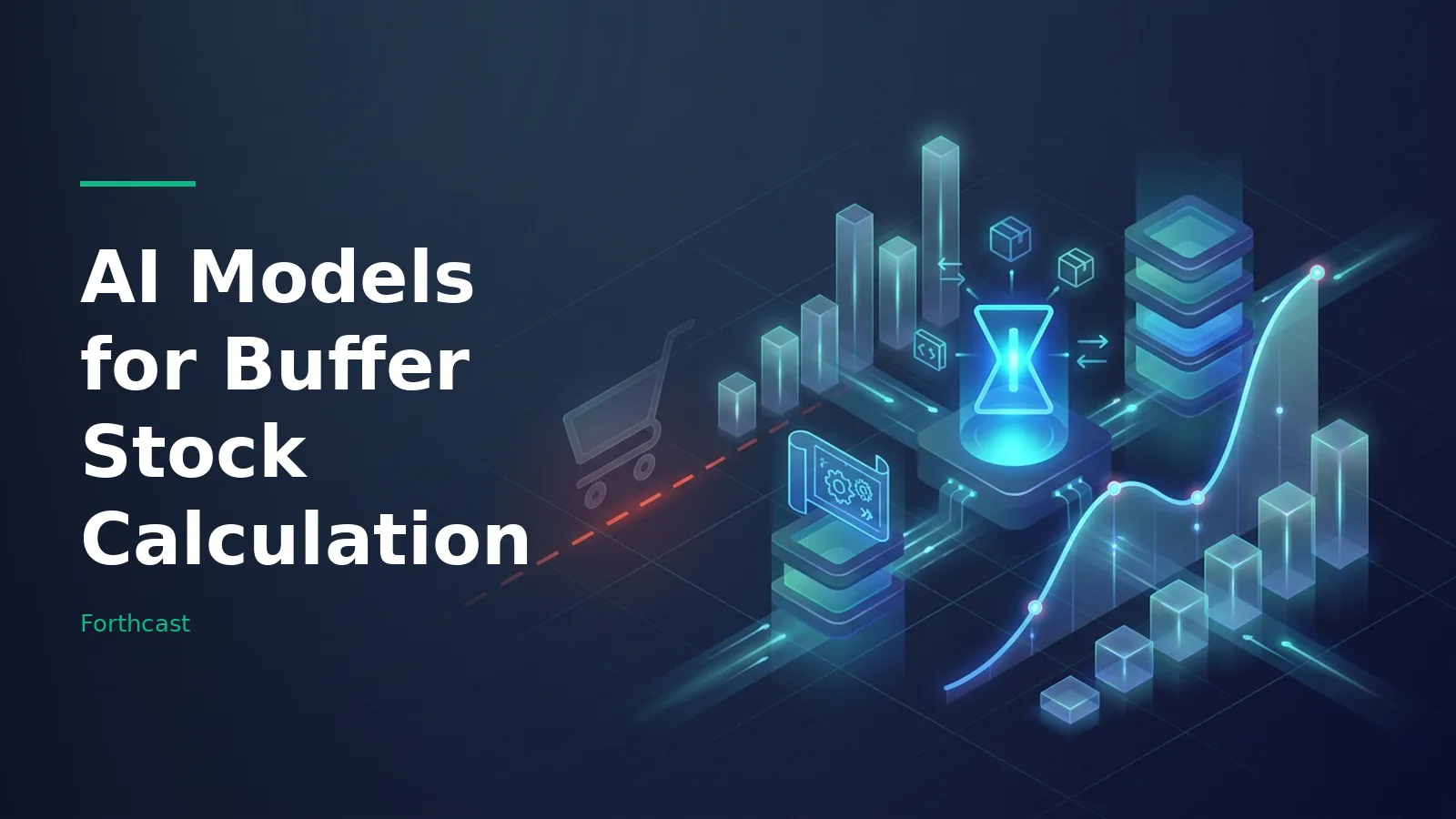 Glowing cyan isometric graphs, server stacks, shopping cart, and hourglass icon on a dark blue grid. Overlaid text reads “AI Models for Buffer Stock Calculation” with the Forthcast wordmark.