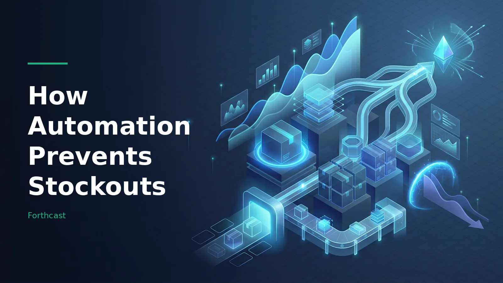 Isometric dark blue digital scene with boxes on conveyor belts, charts, and glowing cyan streams. Overlaid text reads “How Automation Prevents Stockouts” with the Forthcast wordmark.