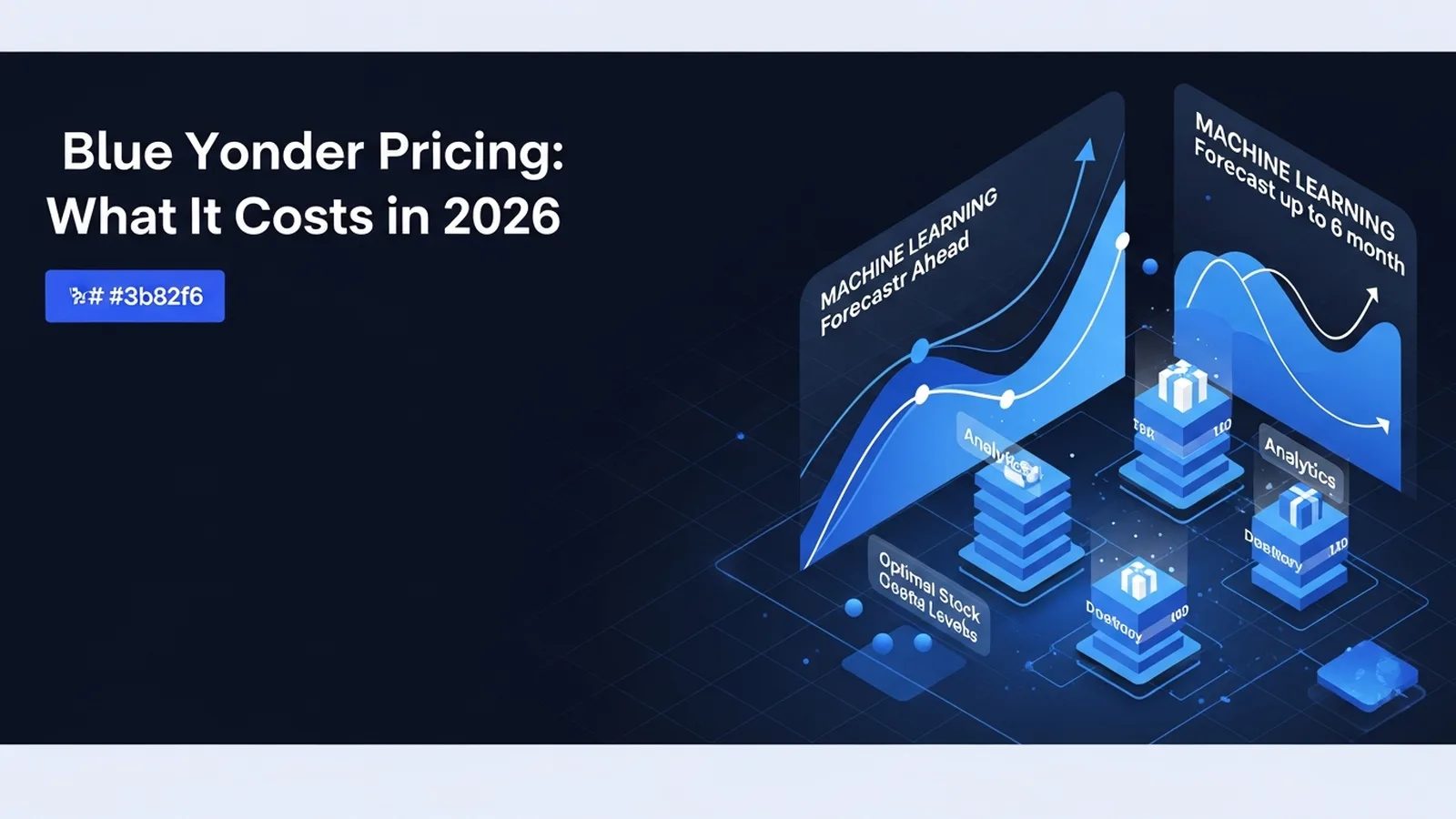 Professional workspace with pricing documents and digital dashboard displaying Blue Yonder cost analysis in electric blue