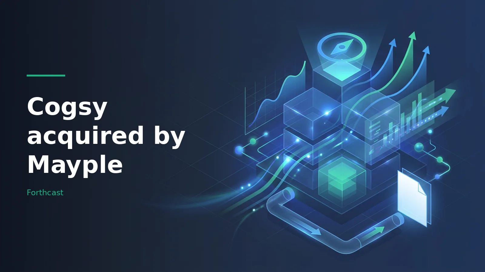 Glowing blue and green isometric cubes with upward arrows and line graphs on a dark background.