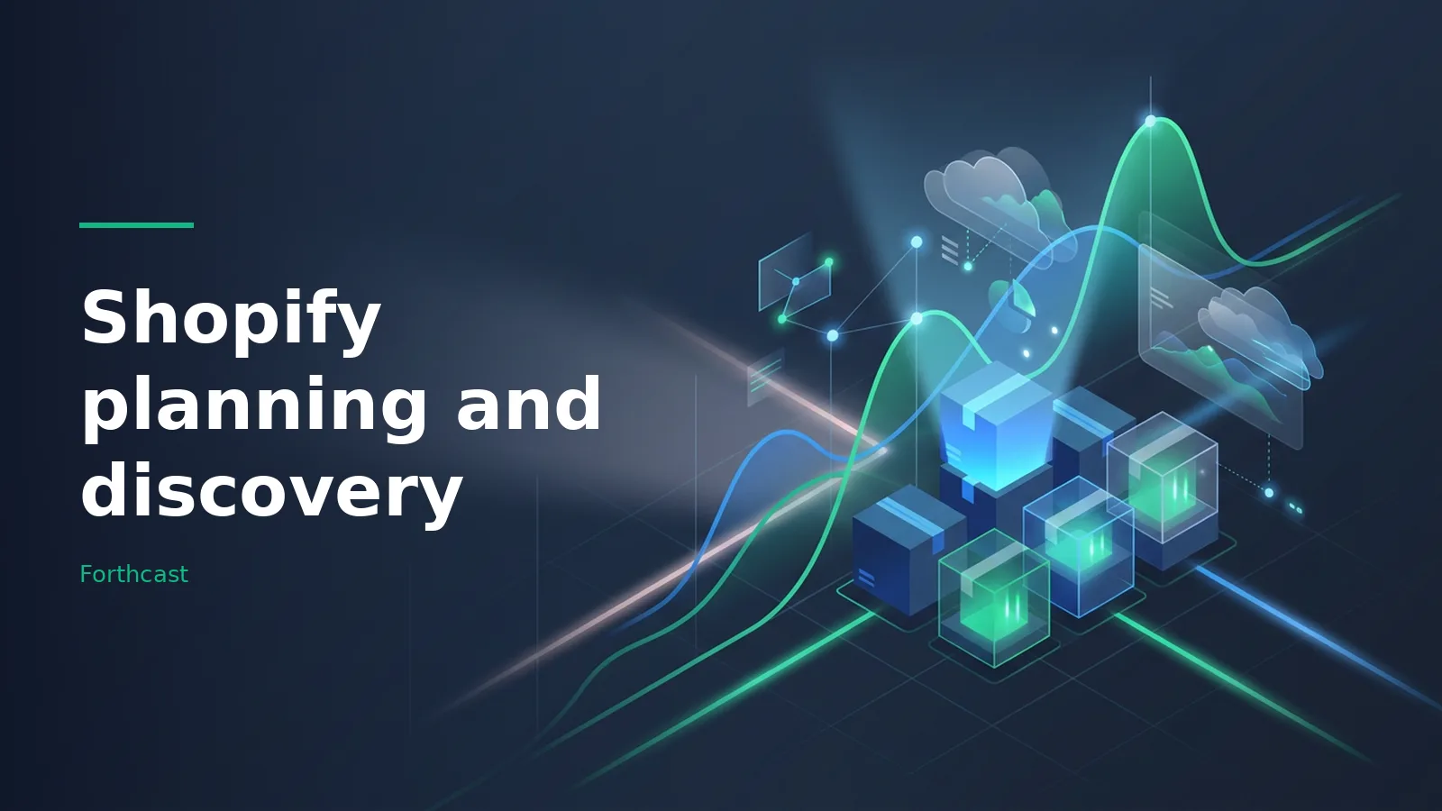 Glowing blue isometric boxes, data charts, and clouds on a dark blue grid background. Overlaid text reads “Shopify planning and discovery”.