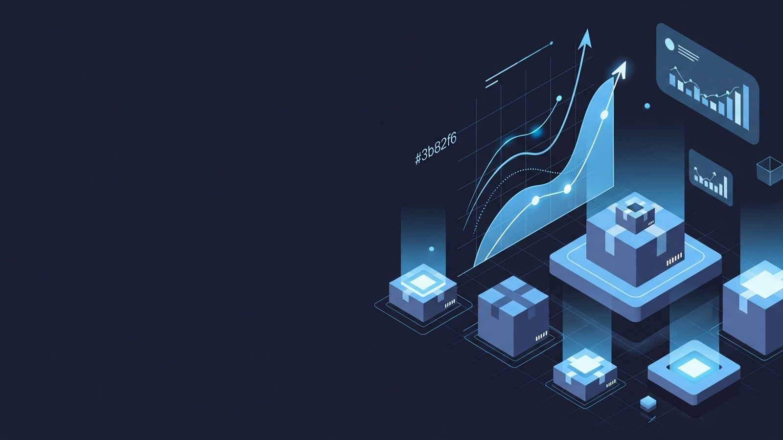 Clean dashboard interface displaying inventory demand quantity metrics and forecasting graphs in deep electric blue tones