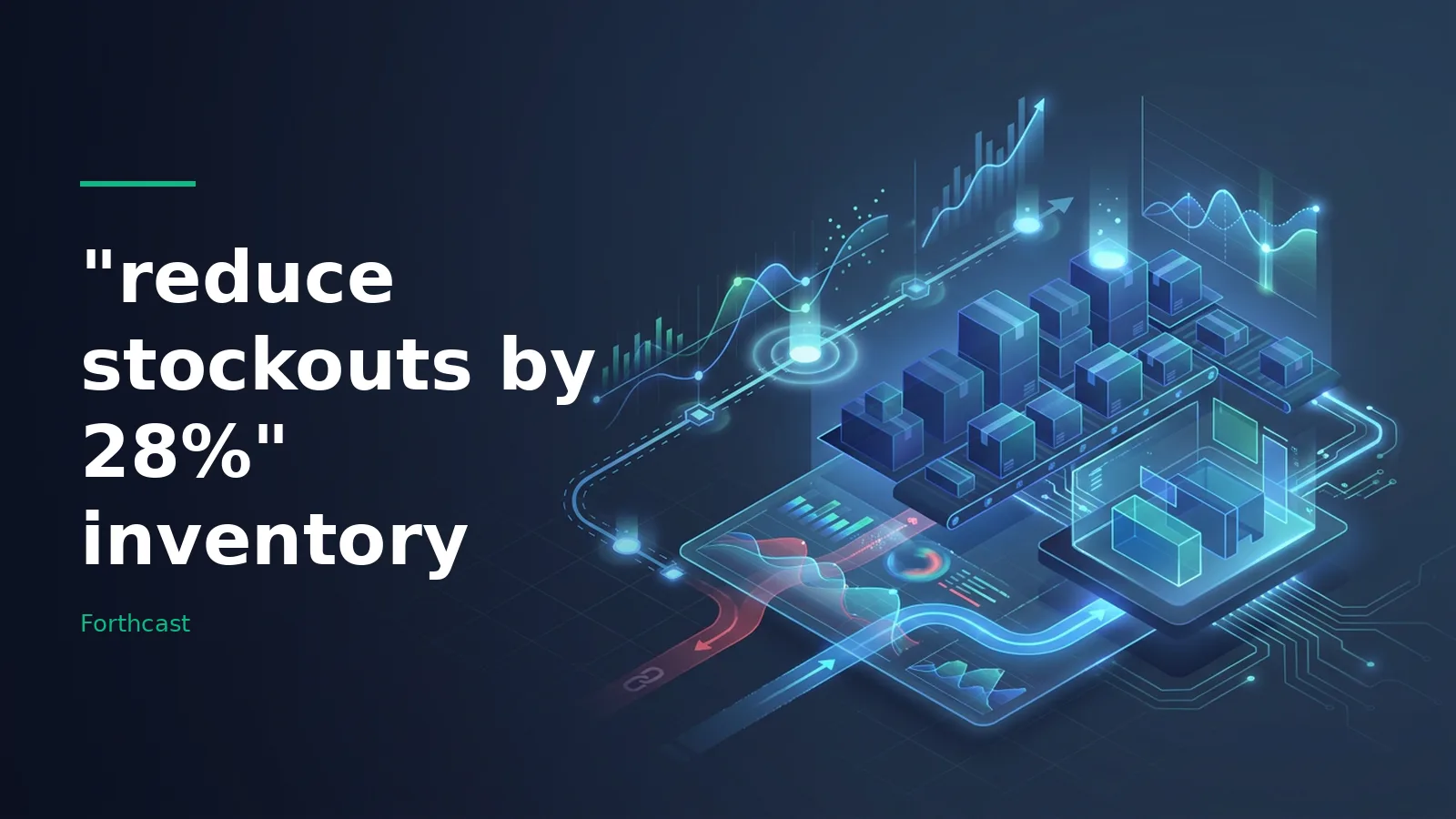 Blue isometric digital warehouse graphic with boxes and '"reduce stockouts by 28%" inventory' text. Overlaid text reads “"reduce stockouts by 28%" inventory”.