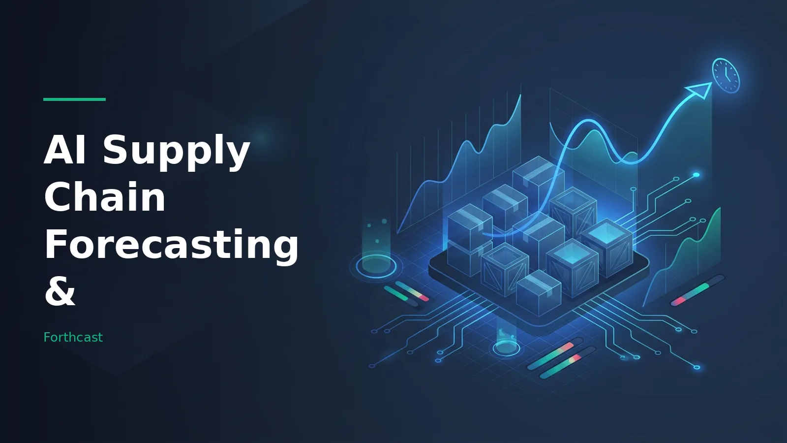 AI Supply Chain Forecasting & glowing boxes on a circuit board with line graphs in dark blue. Overlaid text reads “AI Supply Chain Forecasting &” with the Forthcast wordmark.