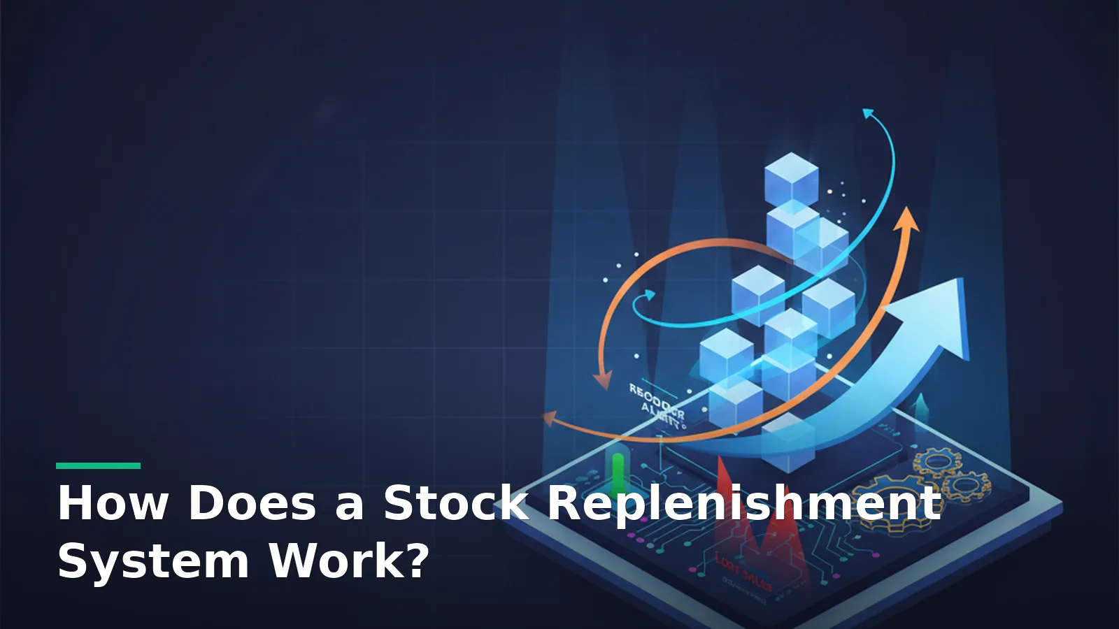 Stock replenishment system visual: abstract charts, predictive curves, and glowing analytics overlay stacked inventory boxes