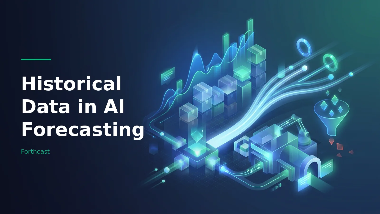 Glowing cyan line graphs, isometric stacked cubes, and light streams on a dark blue background. Overlaid text reads “Historical Data in AI Forecasting” with the Forthcast wordmark.