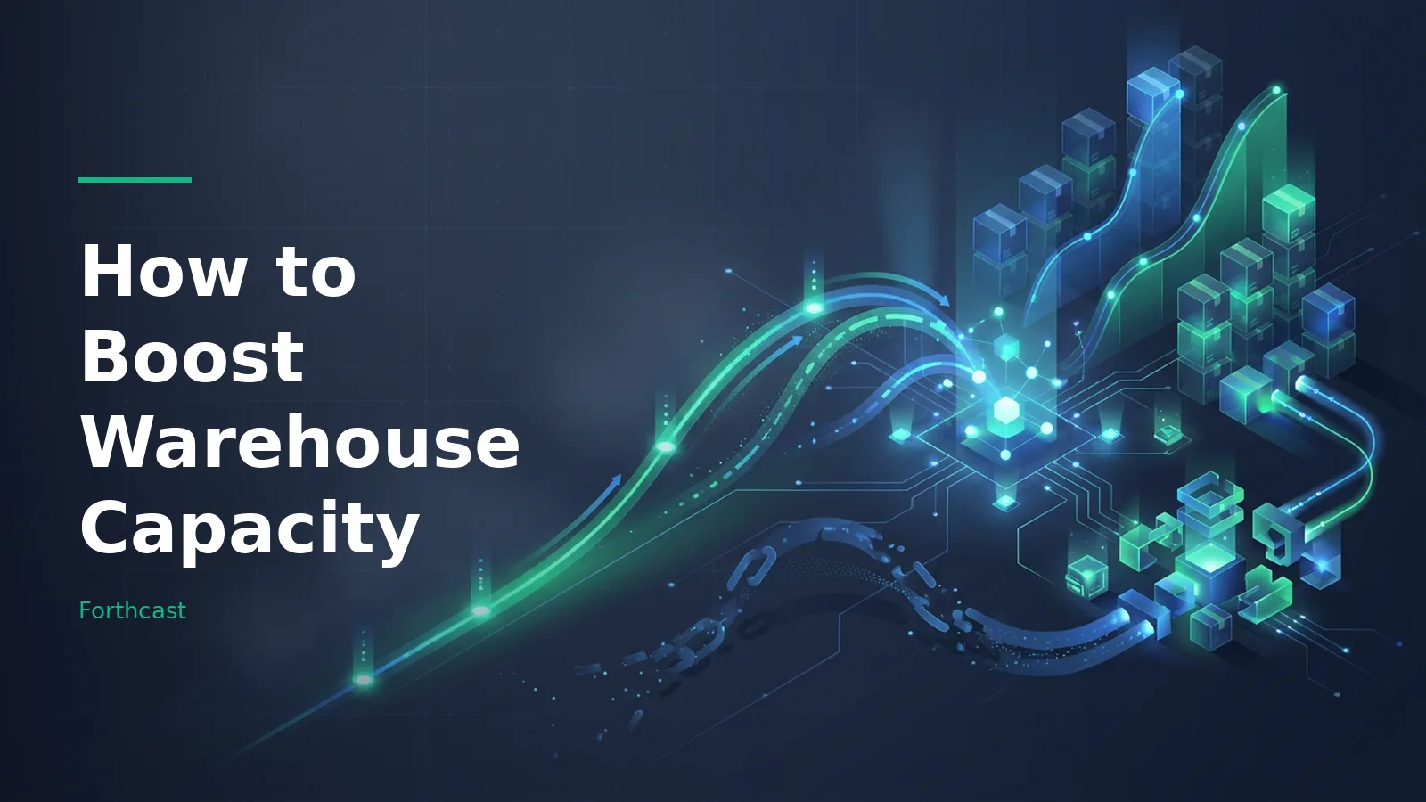 Glowing cyan and green data streams connecting stacked isometric boxes on a dark blue background. Overlaid text reads “How to Boost Warehouse Capacity” with the Forthcast wordmark.
