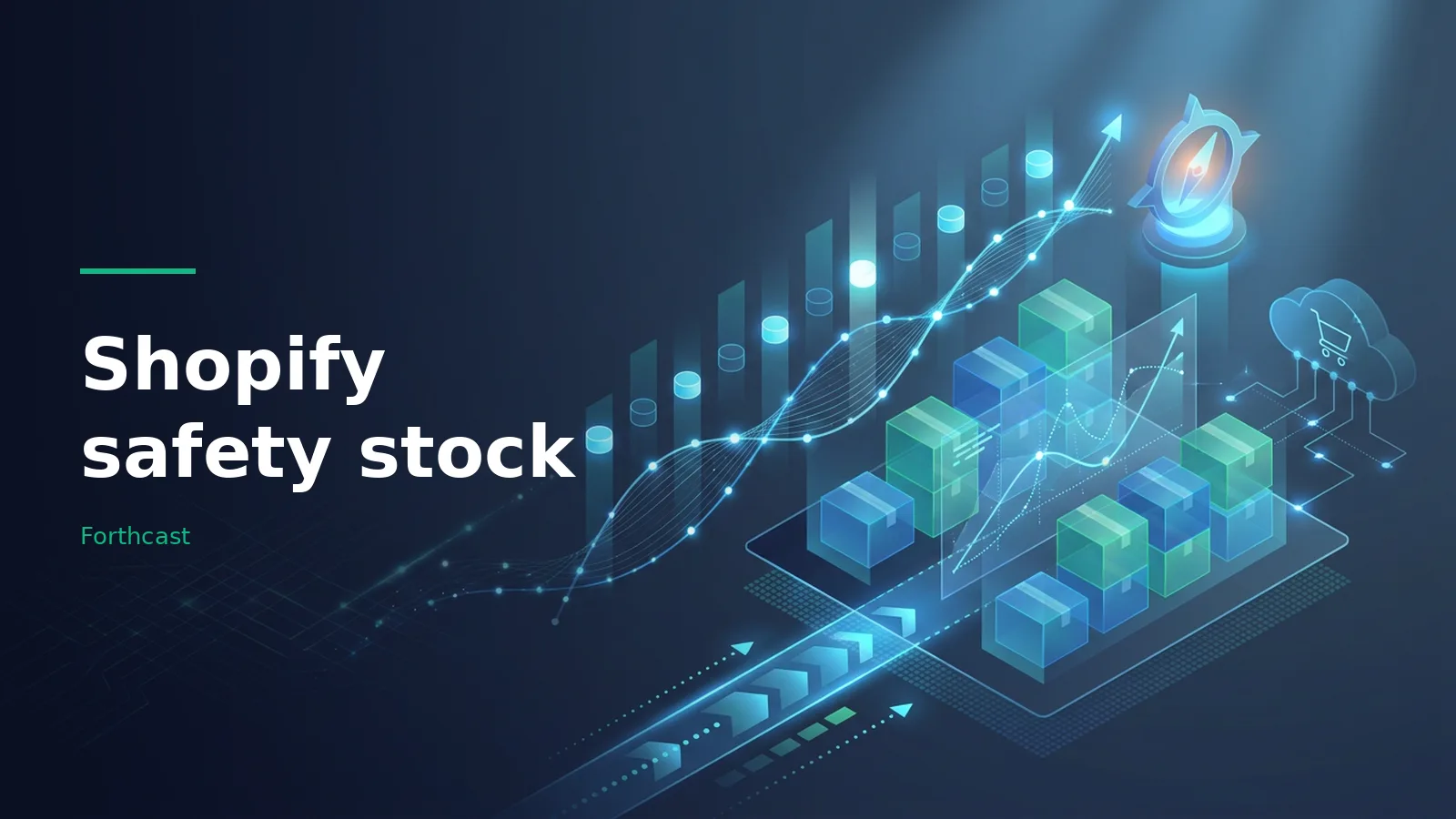 glowing isometric boxes, bar charts, compass, and cloud shopping cart icon on a dark blue background. Overlaid text reads “Shopify safety stock” with the Forthcast wordmark.