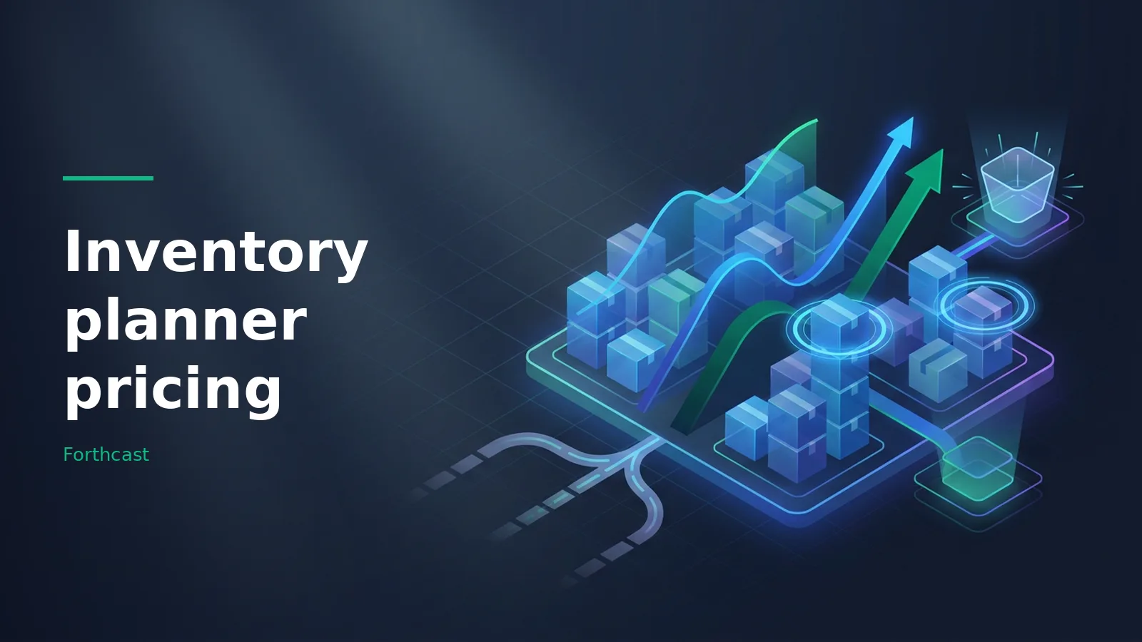 Isometric blue packages and rising arrows on a dark glowing grid for Inventory planner pricing. Overlaid text reads “Inventory planner pricing”.