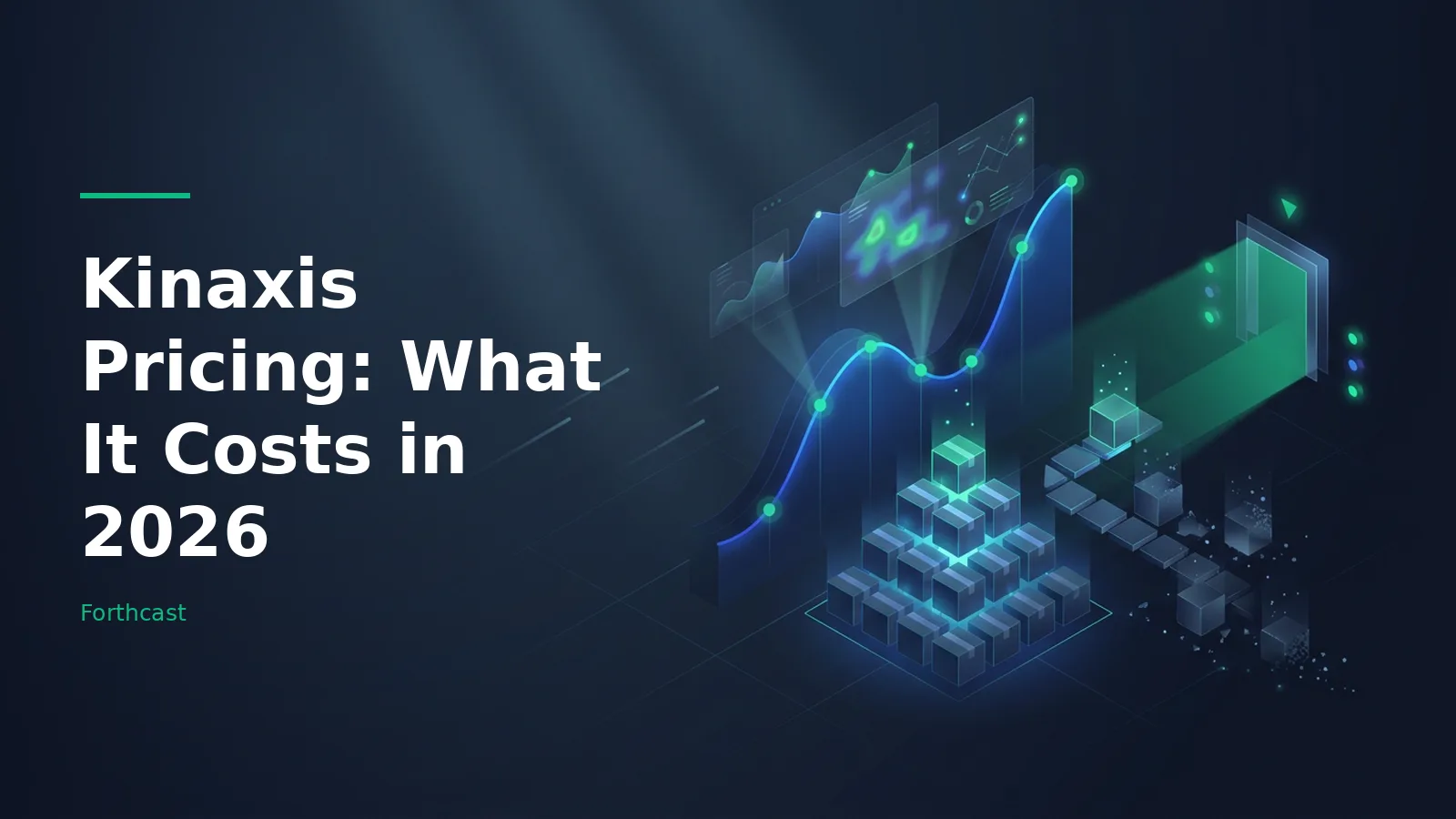 Stacked glowing blue boxes, floating charts, and an open portal in a dark digital space. Overlaid text reads “Kinaxis Pricing: What It Costs in 2026”.