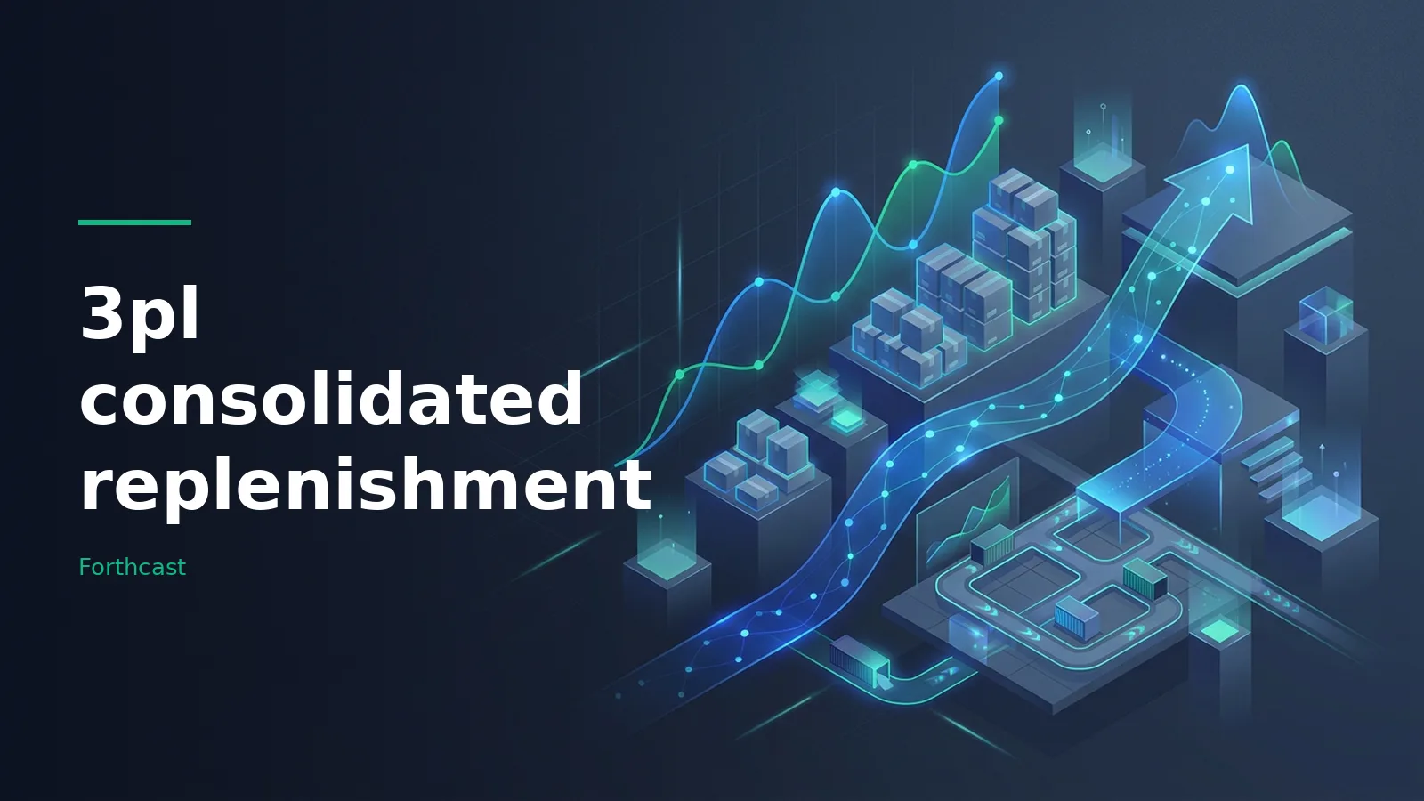 Dark blue isometric layout with stacked boxes, glowing line graphs, and a rising blue arrow. Overlaid text reads “3pl consolidated replenishment” with the Forthcast wordmark.