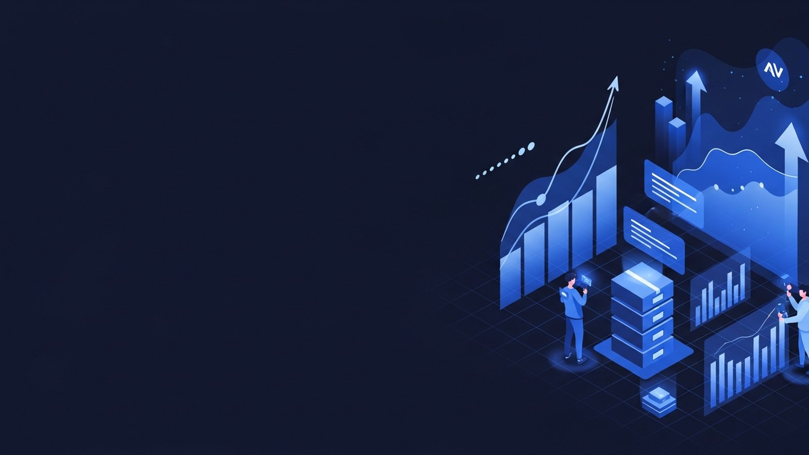 Glowing analytics overlays on stacked inventory boxes with upward-trending charts and predictive curves in abstract aerial view