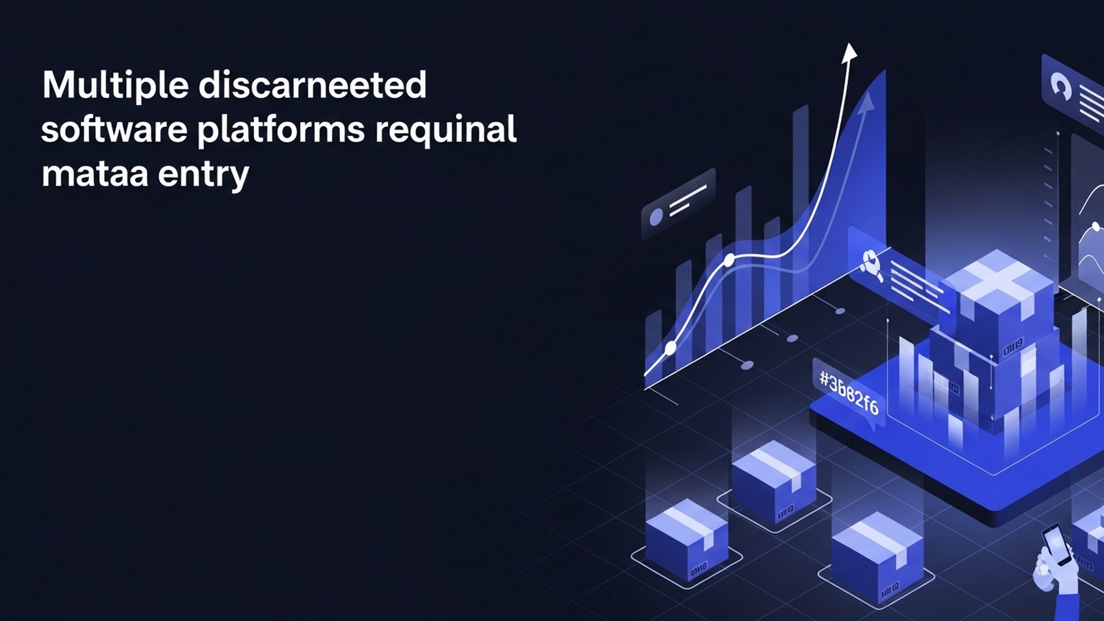 Frustrated person at laptop surrounded by floating disconnected software icons on deep blue gradient background