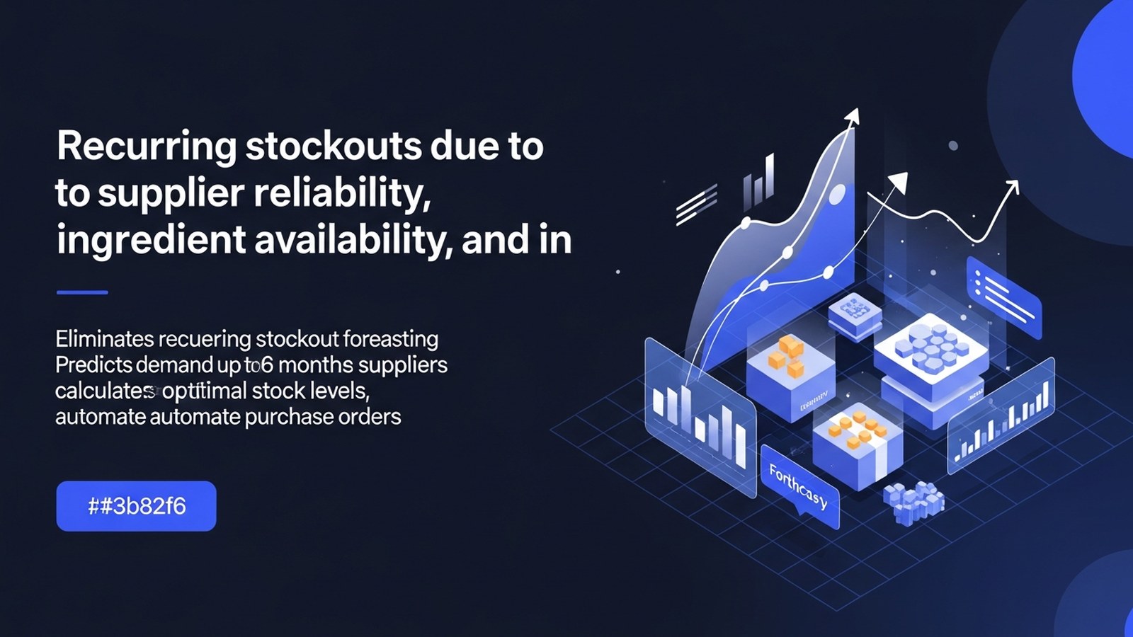 Empty warehouse shelves with digital supply chain data overlays in electric blue highlighting gaps and stockout patterns