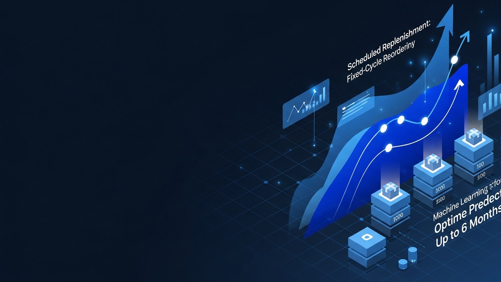 Stacked inventory boxes viewed from above with glowing upward-trending charts and predictive analytics overlays