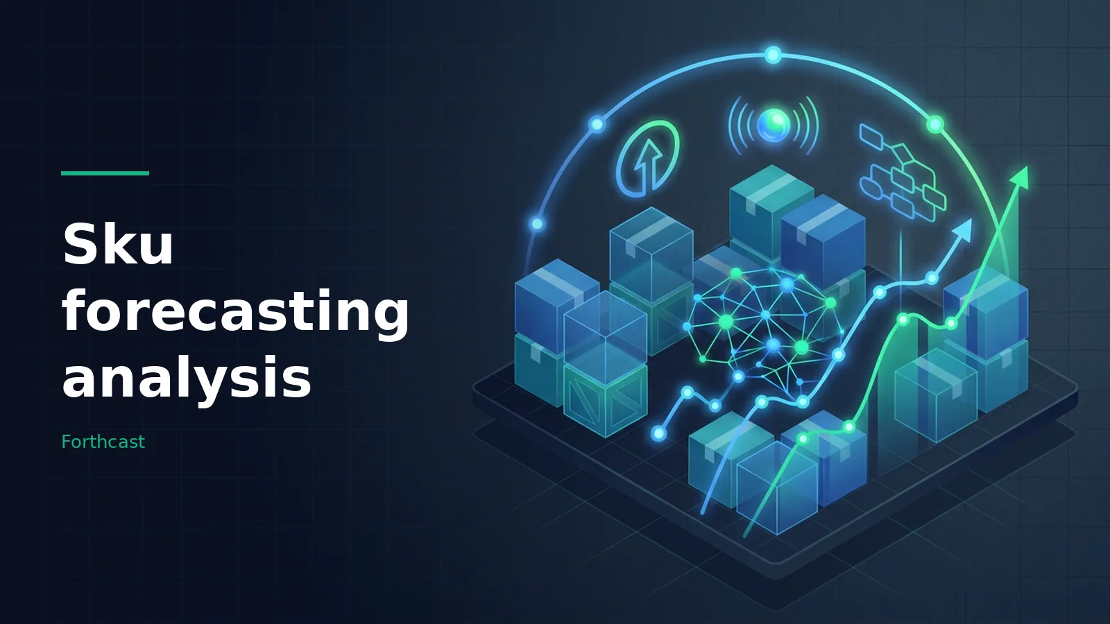 Isometric blue packages with glowing digital brain and rising graph lines for Sku forecasting analysis. Overlaid text reads “Sku forecasting analysis”.