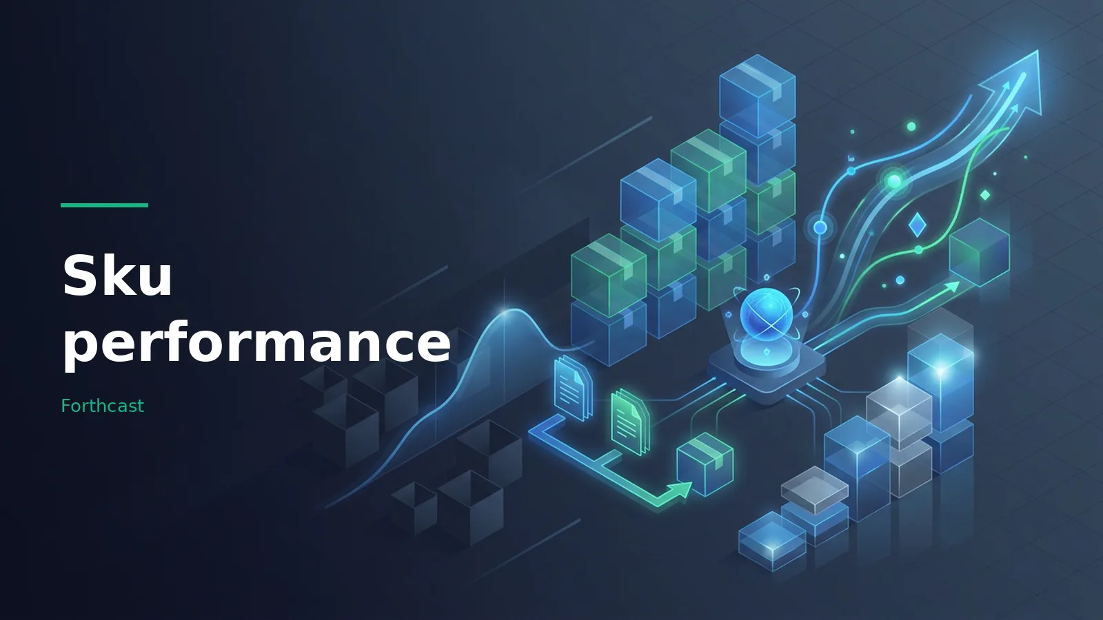 Isometric boxes, glowing blue arrows, and bar charts depicting Sku performance on dark blue. Overlaid text reads “Sku performance”.