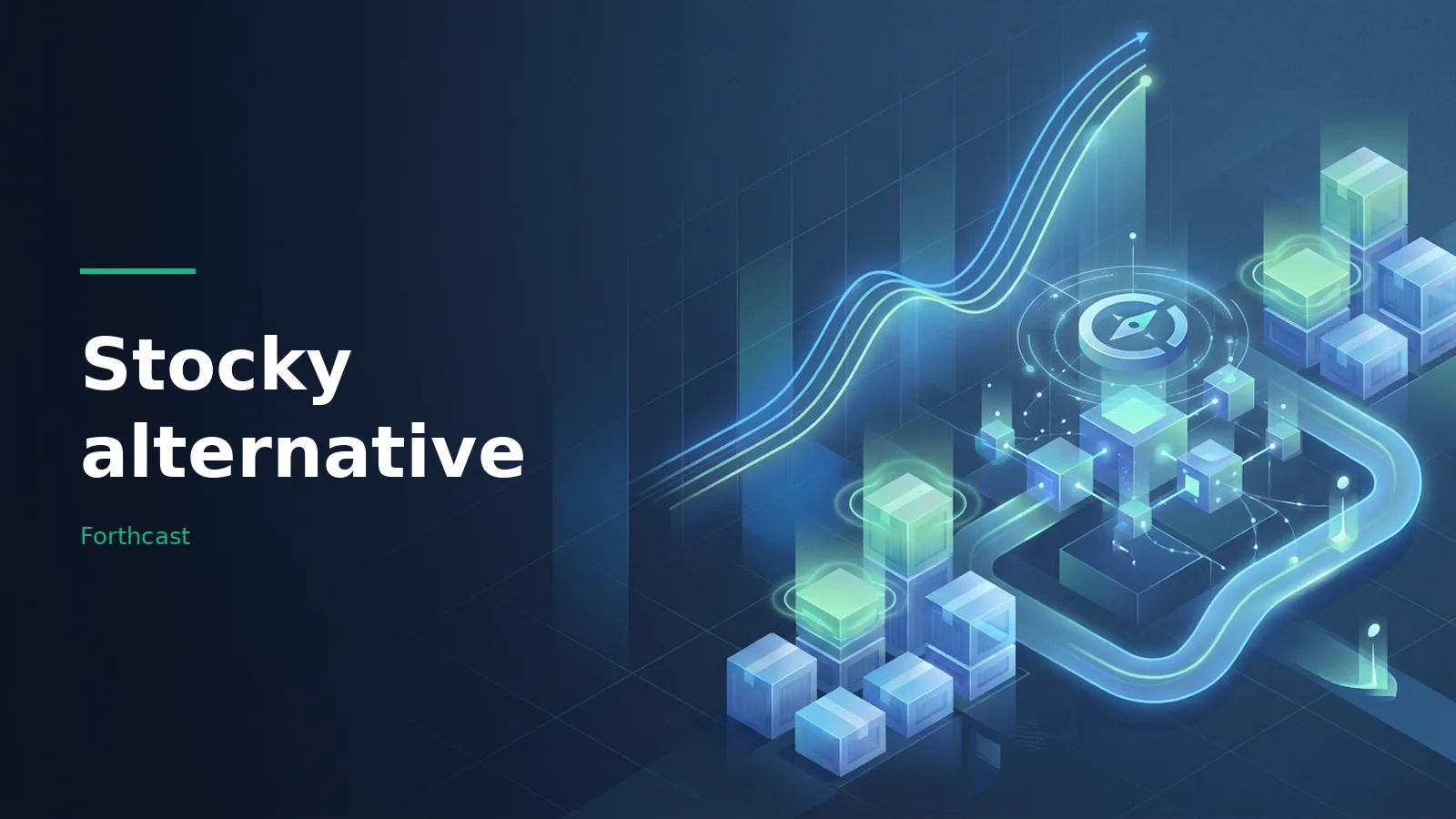 Glowing isometric boxes, upward chart lines, and compass icon on a dark blue digital background. Overlaid text reads “Stocky alternative”.